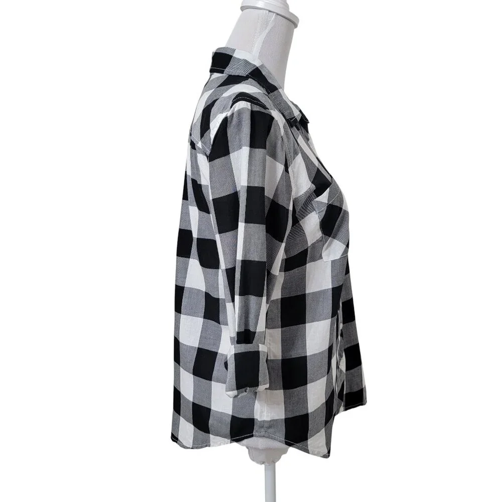 Faded Glory Size S (4-6) Black & White Plaid Long Sleeve Button Down Shirt NEW
